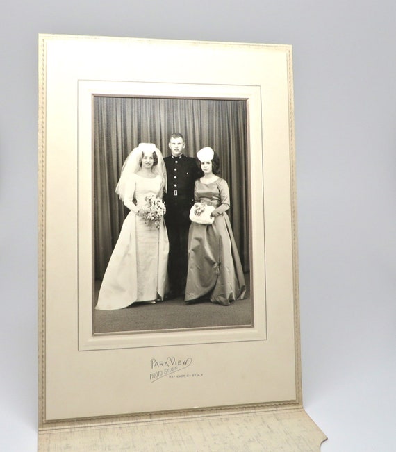 Vintage Wedding Photograph B&W Mid Century Portrait Bride Groom Maid of Honor Wedding Party Studio Photo Large 50s Winter Wedding Park View