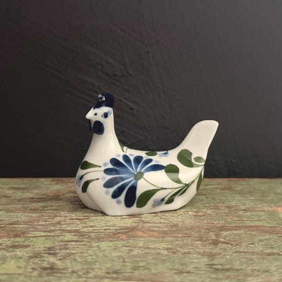 Vintage Figurine Chicken Dansk Sage Song Blue Floral on White Porcelain Hen Statue Mini