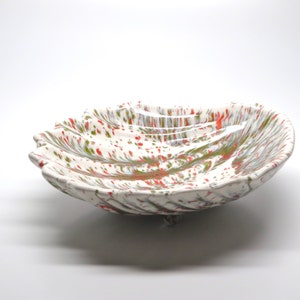 Vintage Dish Scallop Shell Drippy Red Olive Mid Century Speckled White Pottery Soap DIsh Catchall Small Bowl Business Card Holder Clam Shell