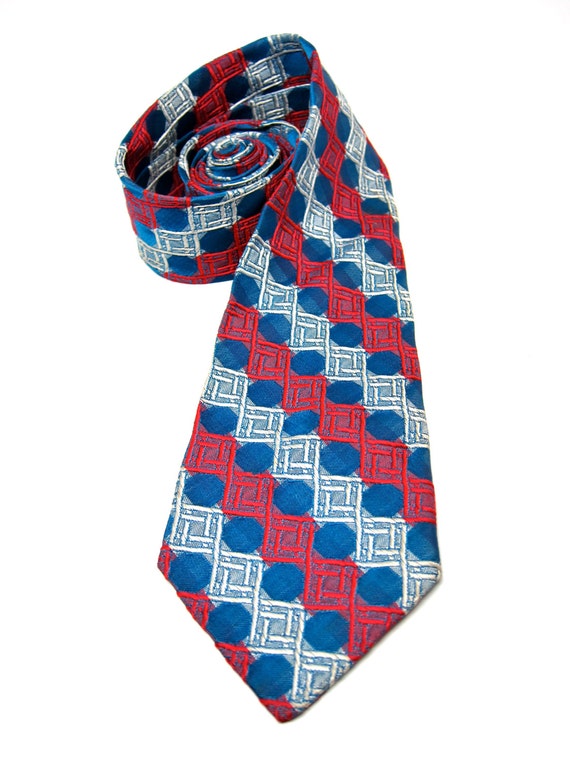 Vintage Necktie Patterned Red Blue Geometric Tie 1960s