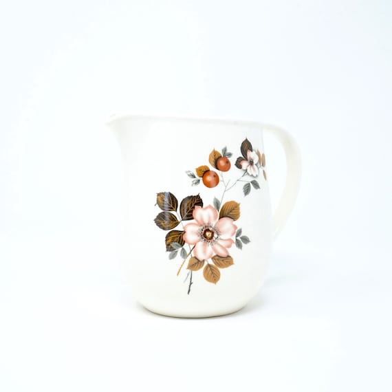 Vintage Small Pitcher Orange Blossoms White Jug Small Milk Pitcher Flowers Off White Brown Leaves Large Creamer Faianta Sighisoara Romania