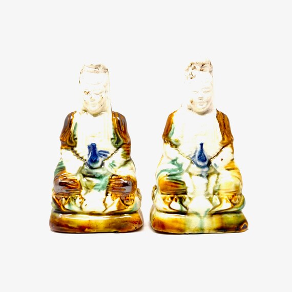 Vintage Buddha Statues Bhaiṣajyaguru Medicine Buddhas Hold Bottles of Medicine Nectar Lapiz Blue Brown Drippy Glaze Unglazed White Pottery