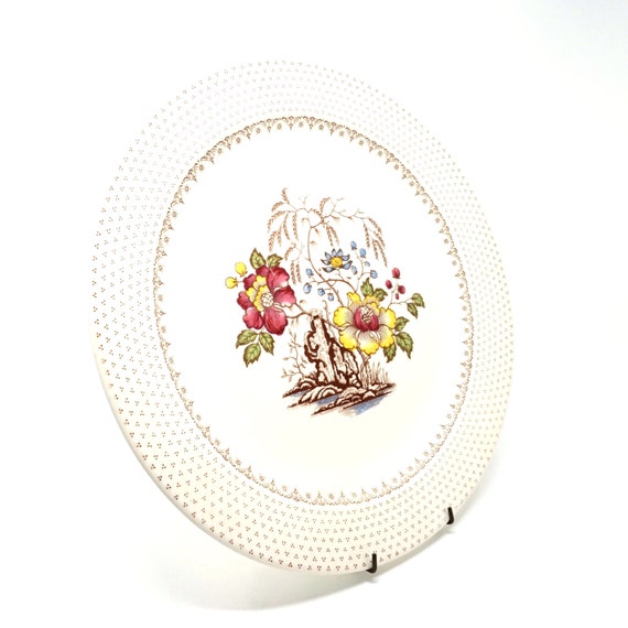 Vintage Round Platter Chippendale by Royal China  1950s Off White Large Dish Burgundy Yellow Floral Weeping Willow Brown Dots 12" Chop Plate