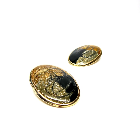 Vintage Earrings Glitter Gold Black Enamel Swirl Earring Large Oval Statement Jewelry Gold Toned Costume Jewellry 80s