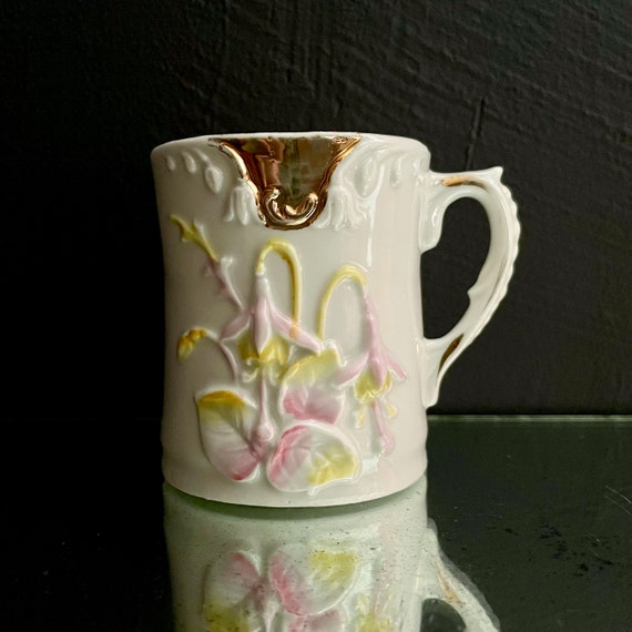 Antique Moustache Mug Embossed Flowers Bleeding Hearts Pink Yellow Gold Hand Painted on White Porcelain Victorian Mug For Men 19th Century