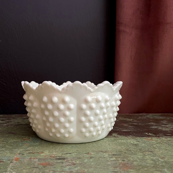 Vintage Fenton Hobnail Candy Dish without Lid Small White Milk Glass Bowl Scalloped Edge Hobnail Round 6" Powder Box No Lid Marked Fenton