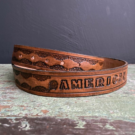 Vintage Belt Tooled American Iron Magazine Stamped Leather Brown Belt No Buckle RARE 90s Defunct Motorcycle Publication Classic Bikes