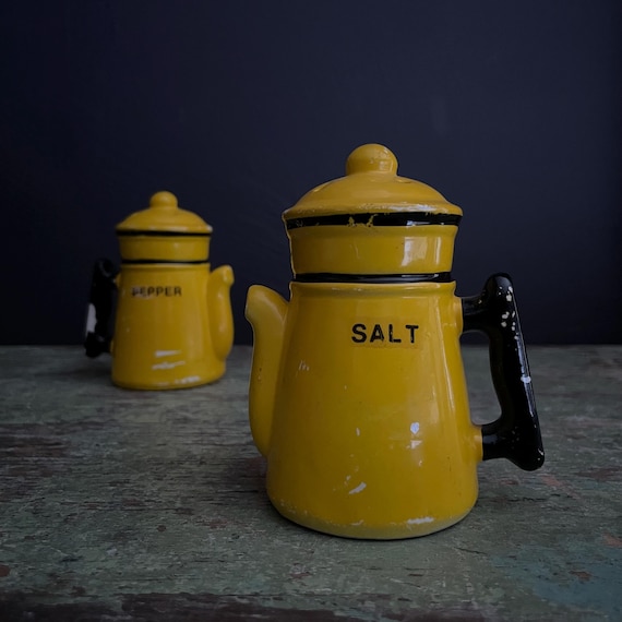 Vintage Salt & Pepper Shakers Coffee Pot Shaped Shaker Set Bright Yellow with Black Trim Ceramic Japan Made Mid Century Kitchen Collectible