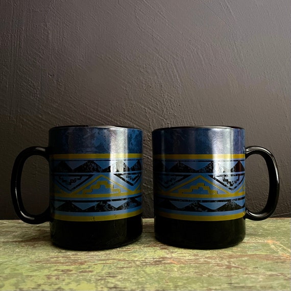 Vintage Mugs Black Glass Southwestern Mug Pair Arcoroc Yucatan Pattern 1980s Aztec Inspired Blue Gold Print Glassware Mugs Made in France