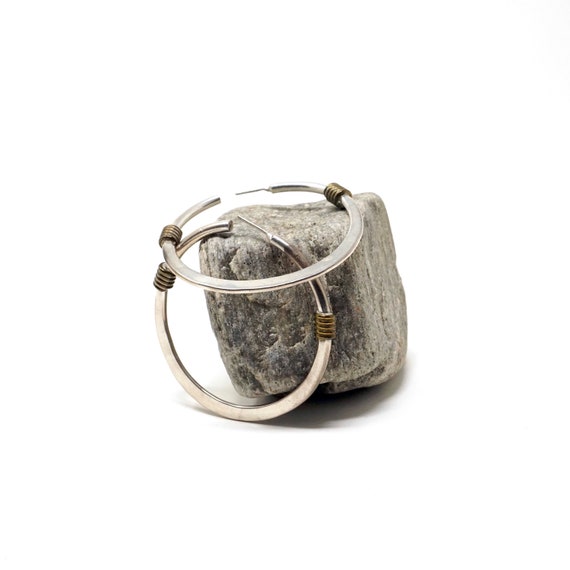 Vintage Silver Hoop Earrings Wrapped In Gold Tone… - image 5