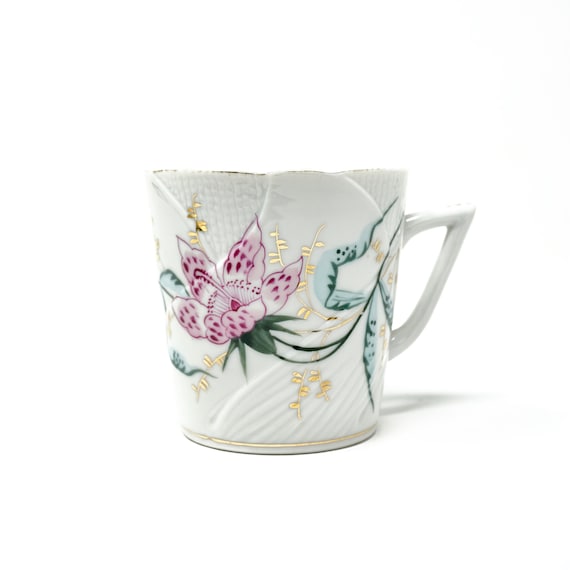 Antique Mustache Mug Pre-1890s Porcelain Teacup Gold Gilt Edges & Details Pink Blossom Teal Stem Likely German Made Moustache Cup w/ Handle