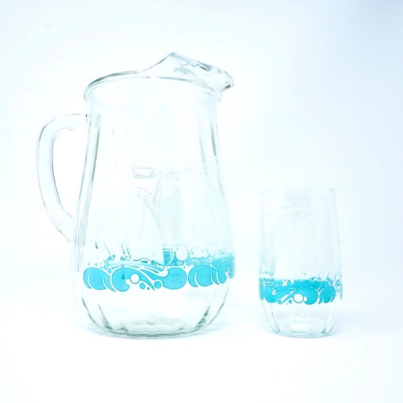 Vintage Nautical Pitcher Cup Set Heavy Glass Fluted Pitcher White Aqua Blue Sailboat Waves Seagulls Matching Tumbler Glass 50s Water Pitcher