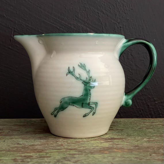 Vintage Pitcher Gmunder Keramik Austria Wild Stag Green Creamer White Porcelain Hand Painted Leaping Deer Austrian Large Cream Pitcher 16 oz