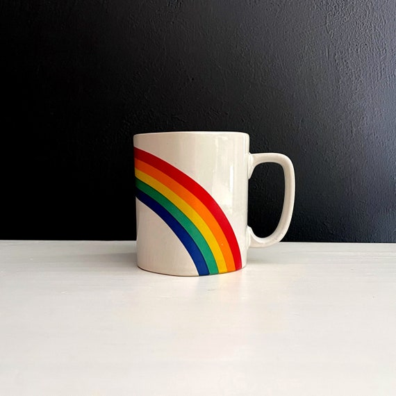 Vintage Rainbow Mug Hexagonal Shaped Coffee Cup 1980s Mug White With ROYGB Curved Rainbow Graphic Iconic Design Pride Mug Gift