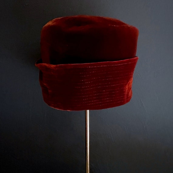 Vintage Velvet Hat Rust Burgundy Toque by Mr. John Classics New York Paris Woman's High Crown Toque 1960s Winter Hat Drum Shape Fold Up Brim