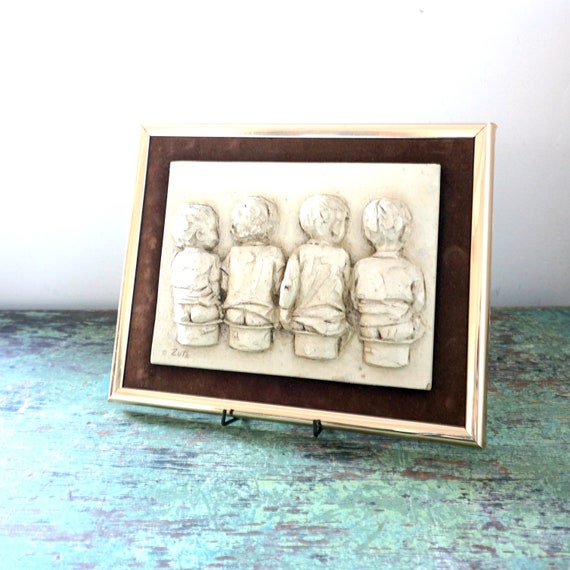 1970s Joseph Zutz Artwork Wall Sculpture Boys Chamber Pots Carved Look Relief Resin Mounted on Brown Velvet Brass Frame Bathroom Art Potty