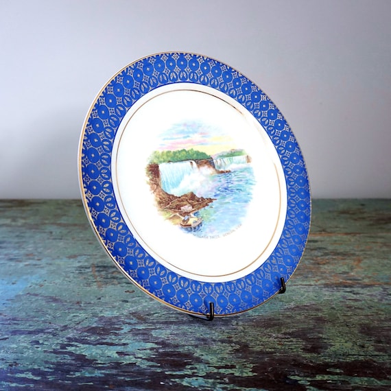 Vintage Niagara Falls Plate Cronin Blue Gold Gilt Bordered Niagara Falls General View Transfer NYS Landmark Souvenir Dish Upstate New York