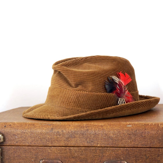 Vintage Corduroy Fedora Brown Men’s Hat 1960s Red Feathers Gold Glass Embellishment Paisley Lining Fabric