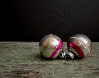 Vintage Shiny Brite Balls 2.25" Red Green White Striped Silvered Ornament Pair Mercury Glass Mid Century Christmas Trim Feather Tree Balls