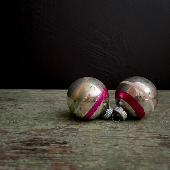 Vintage Shiny Brite Balls 2.25" Red Green White Striped Silvered Ornament Pair Mercury Glass Mid Century Christmas Trim Feather Tree Balls