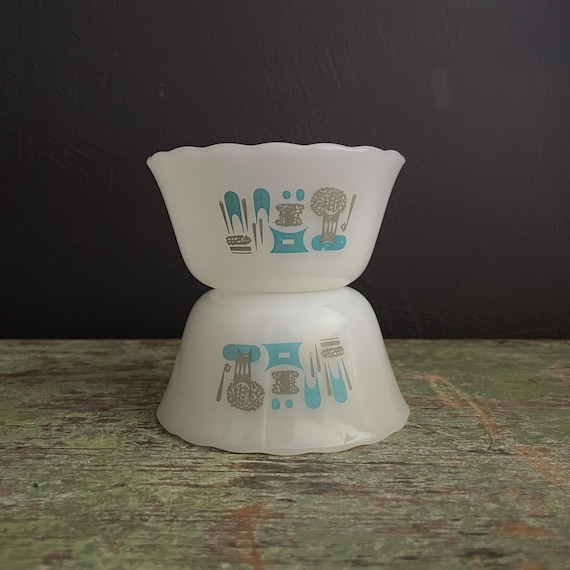 Vintage Fire King Custard Cups Blue Heaven Pattern Ramekins Atomic Pattern Aqua Gray on White Glass Bowls Set of 2
