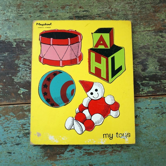 Vintage Wood Puzzle 1970s Playskool My Toys Doll Blocks Ball Drum Illustrations Yellow Background Board Puzzle Preschool Toy Missing Pieces