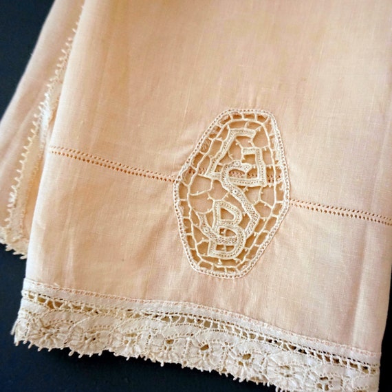 Antique Linen Tea Towel Two Headed Serpent and Monogram GB Open Crochet Lace Off White Trim Blush Guest Towel Peach Hemstitch Napkin 1900s