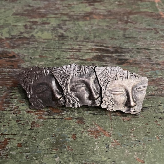 Vintage Buddha Barrette Three Sleeping Ladies Hairclip JJ Jonette Co Faces Silver Toned Hair Clip Large Asian Influenced Hair Jewelry Unique