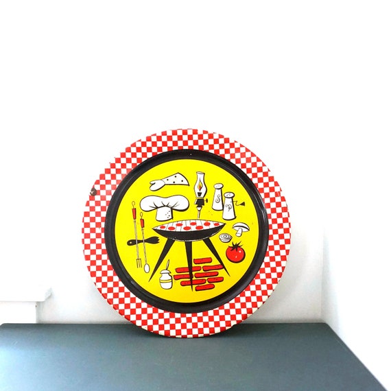 Vintage Grilling Tray Barbecue Plaque Metal Yellow Red Black Painted Platter Summertime Grill Theme Mid Century Outdoor Man Cave