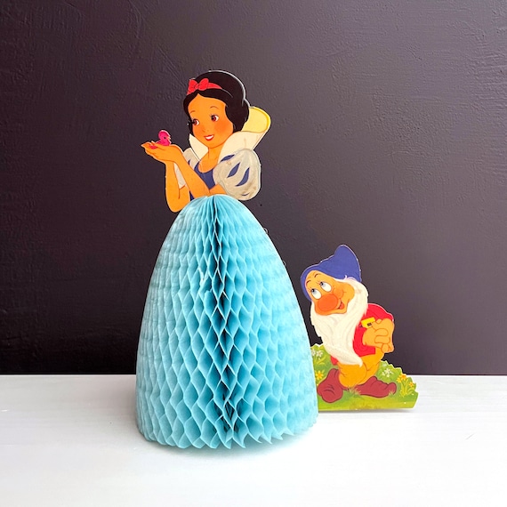 Vintage Snow White Party decor Accordion Tissue Paper Skirt Bashful 7 Dwarf Foldout Blue Paper Bell Tabletop Centerpiece 60s Disney Princess