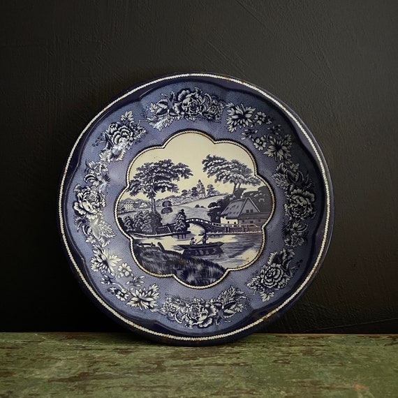 Vintage Tin Bowl Blue & White English Country Scene Decorated Metal Bowl Daher 1971 The Tin Box Company Long Island City Made In England