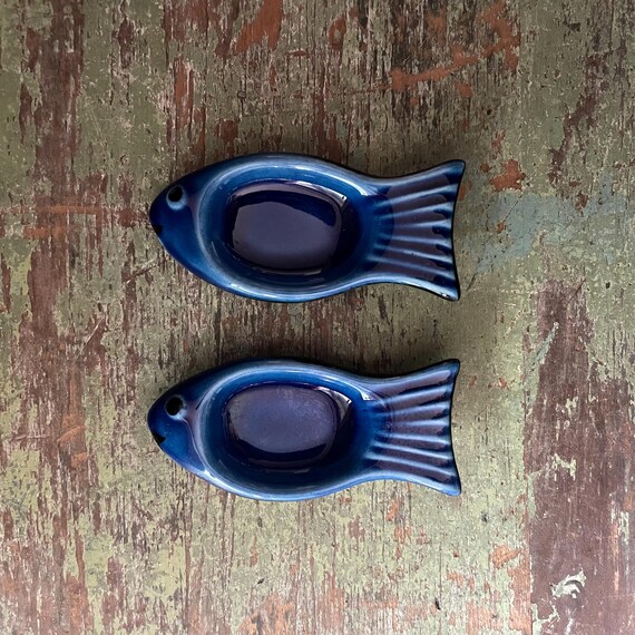 Vintage Fish Dish Cobalt Blue Glazed Pottery Small Shallow Fish Shaped Ramekins Appetizer Plate Tapas