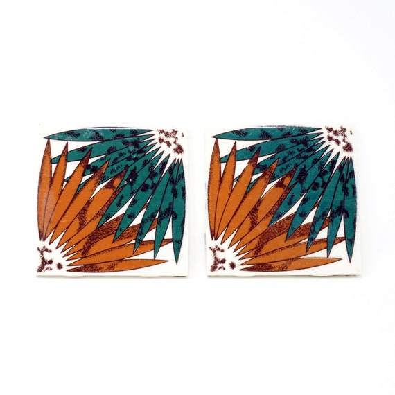 Vintage Mexican Tiles Geometric Brown Green '70s Ceramic Tile Square Set Mexican Made Dal-Tile Abstract Design Contemporary Kitchen Wall Art