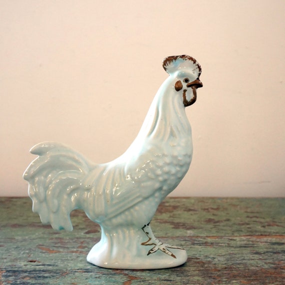 Vintage Rooster Aqua Gold Ceramic Figurine 1950s Pale Blue Cock Hand Painted Feet Beak Coxcomb Barnyard Bird Farmhouse Kitchen Hutch Decor