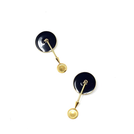 Vintage Dangle Earrings Clip On Black Disc Gold Pendulum Style Earring Pair Enameled 1980s Costume Jewelry