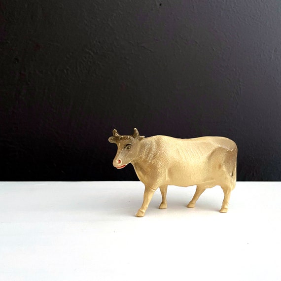 Vintage Bull Figurine Celluloid Cow Beige Brown Small Farm Animal Toy Hollow Plastic Made in the U.S.A. 1940s For Play or Display