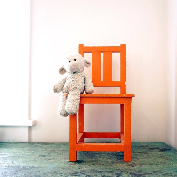 Vintage Orange Chair Rustic Wood Doll Furniture Dining Chair Display Piece Kitchen Chair Wall Shelf Farmhouse Chair Bright Orange Kid's Room