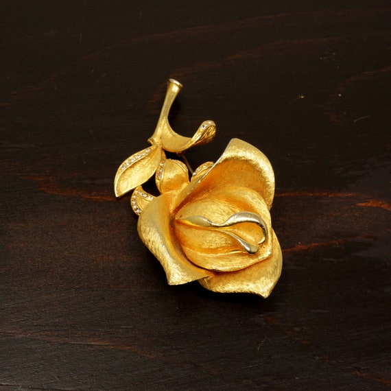 Vintage Rose Brooch Brushed Gold Toned Pin Rose with Stem Tiny Faux Diamond Crystals 1960s Costume Jewelry Flower Brooch Hollywood Regency