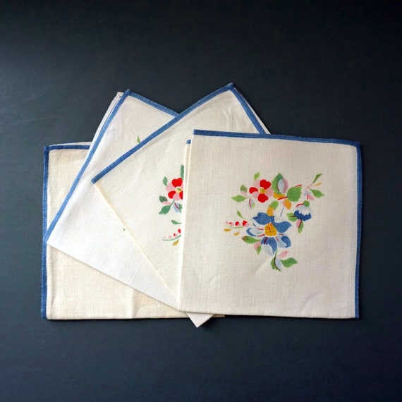 Vintage Linen Napkins Floral Blue Trim Off White Square Napkins Set of 4 Bright Multicolor Flower Clusters Corner Red Pink Yellow Green 40s