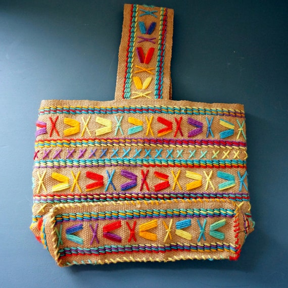 Vintage Handbag Rainbow Woven Purse Crewelwork Mu… - image 9