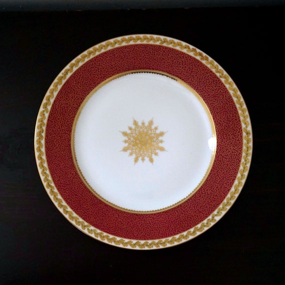 Antique Limoges Dinner Plate Charles Ahrenfeldt French Porcelain Hand Painted Gold Laurel Border Starburst Medallion Burgundy Red Band 1900s