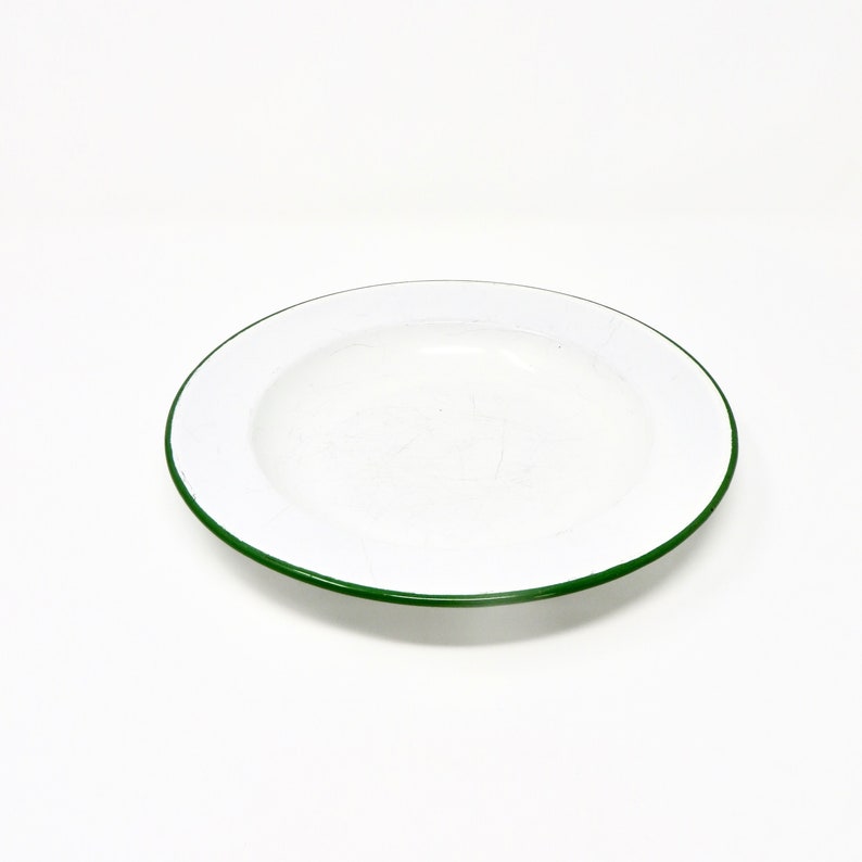 Vintage White Enamelware Plate Green Rim Enamel Camping Tin Dish Pie Plate