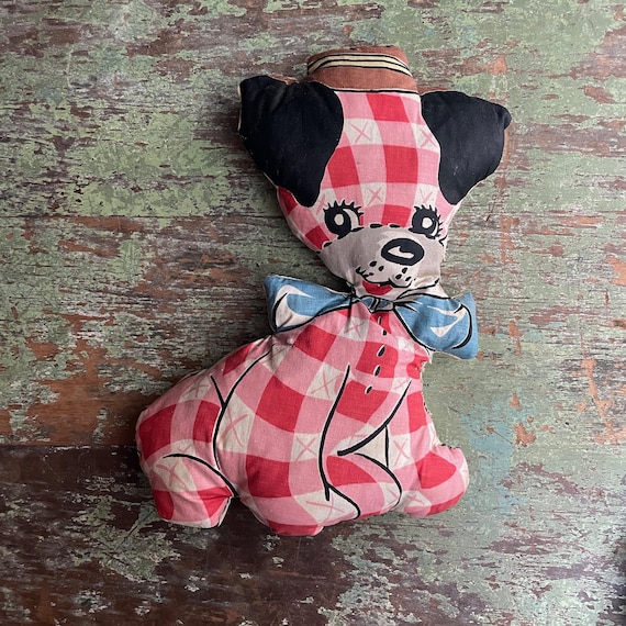Vintage Stuffed Dog Handmade Red and White Checkered Hand Sewn Puppy crafted from Standish Chintz Cotton Fabric 60s