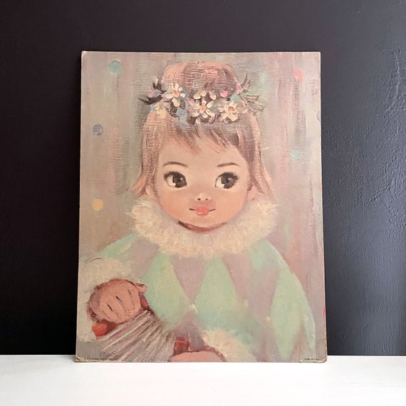 Vintage Big Eyed Waif Sherle Print "Gigi" Museum Print Editions 60s Big Eye Girl Litho On Textured Board 11” x 14” Unframed Hanging String