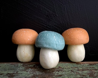 Vintage Mushrooms Styrofoam Set of 3 Peach Cap Green On White Stems Speckled Caps Toadstools for Crafting