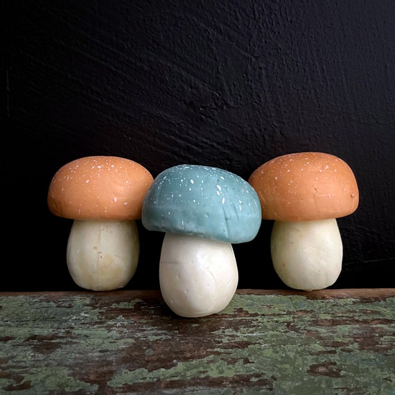 Vintage Mushrooms Styrofoam Set of 3 Peach Cap Green On White Stems Speckled Caps Toadstools for Crafting