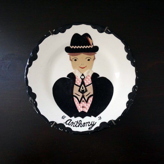 Vintage Decorative Plate Anthony Appliqué Boy in Fedora Black Velvet Felt Beads Glued To White Porcelain Dish Black Scalloped Painted Rim