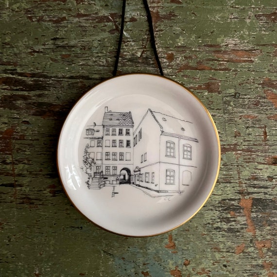 Vintage Tiny Plate Rare Promotional Bing and Grondahl Plate Copenhagen City Street Line Drawing Black On White Porcelain B&G Denmark