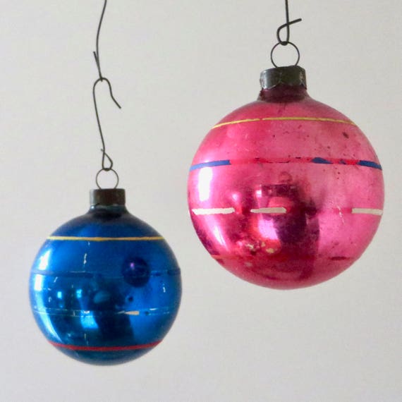 Vintage Striped Glass Balls Blue Red 1950s Christmas Ornaments Made in US of A