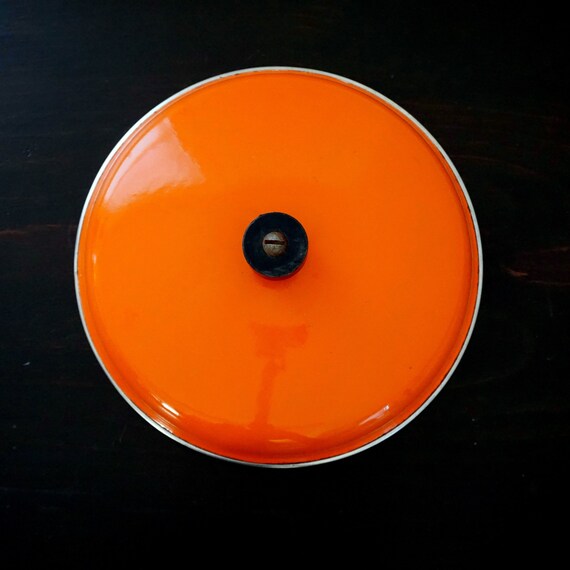 Vintage Pot Lid Orange Enameled Domed Lid 7” Diameter Black Knob Beige Speckle Interior Enamel Cookware Replacement Lid Knob Likely Bakelite